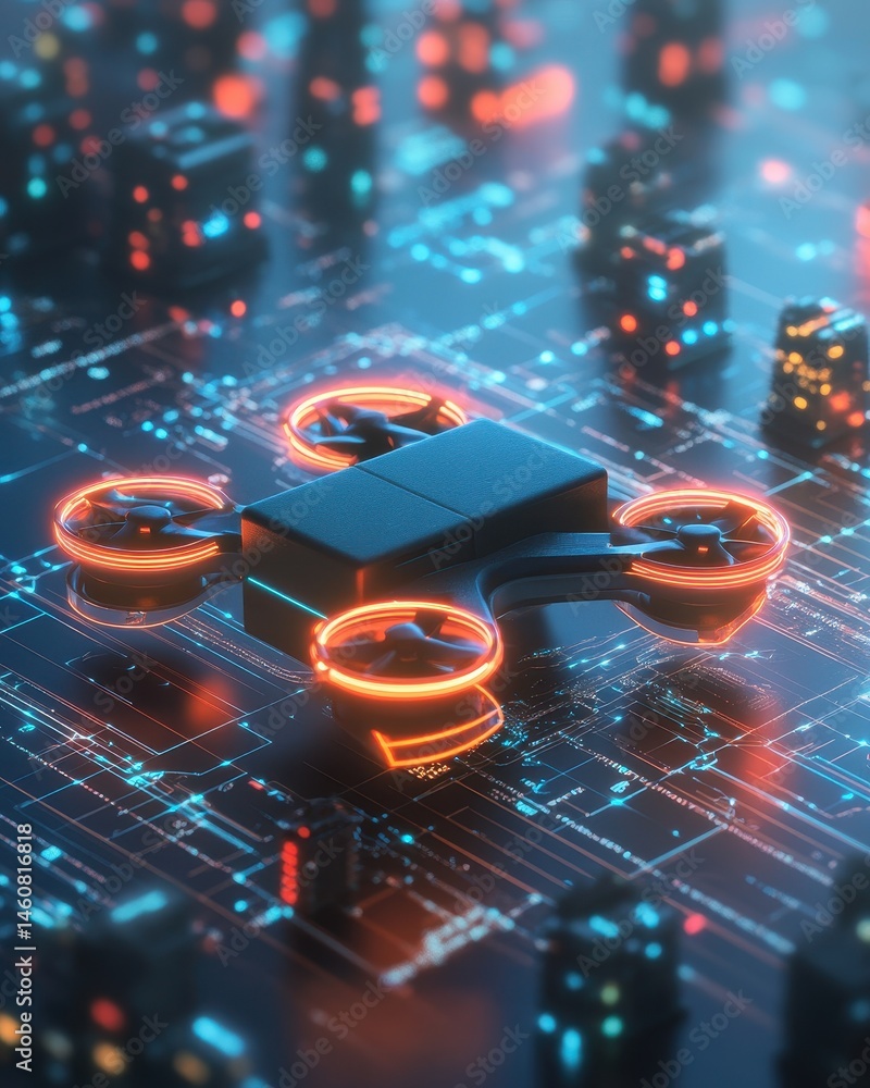 Poster drone hovers above illuminated circuit board in futuristic cityscape digital rendering close up
