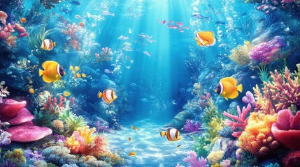 Obraz premium Colorful coral reef scene with tropical fish swimming in clear blue water sunbeams shining through the surface underwater marine life ecosystem