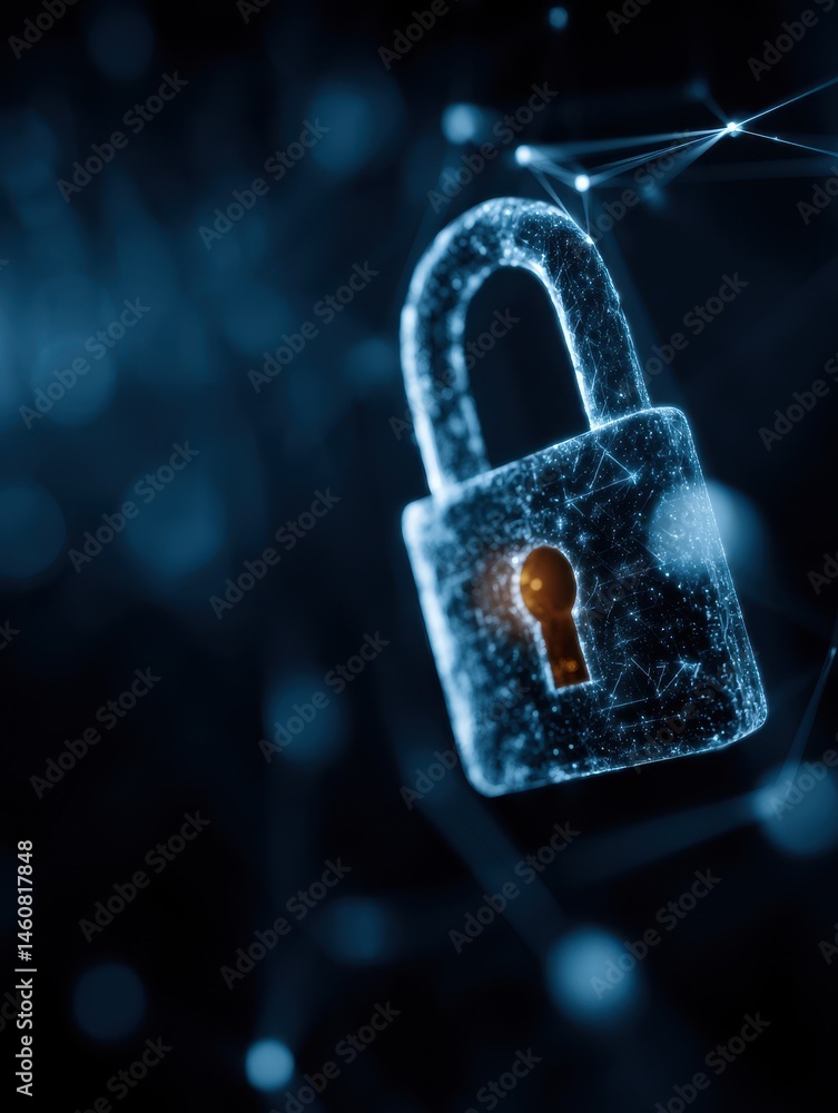 Poster digital padlock security concept rendered in blue with network connections and glowing light points 