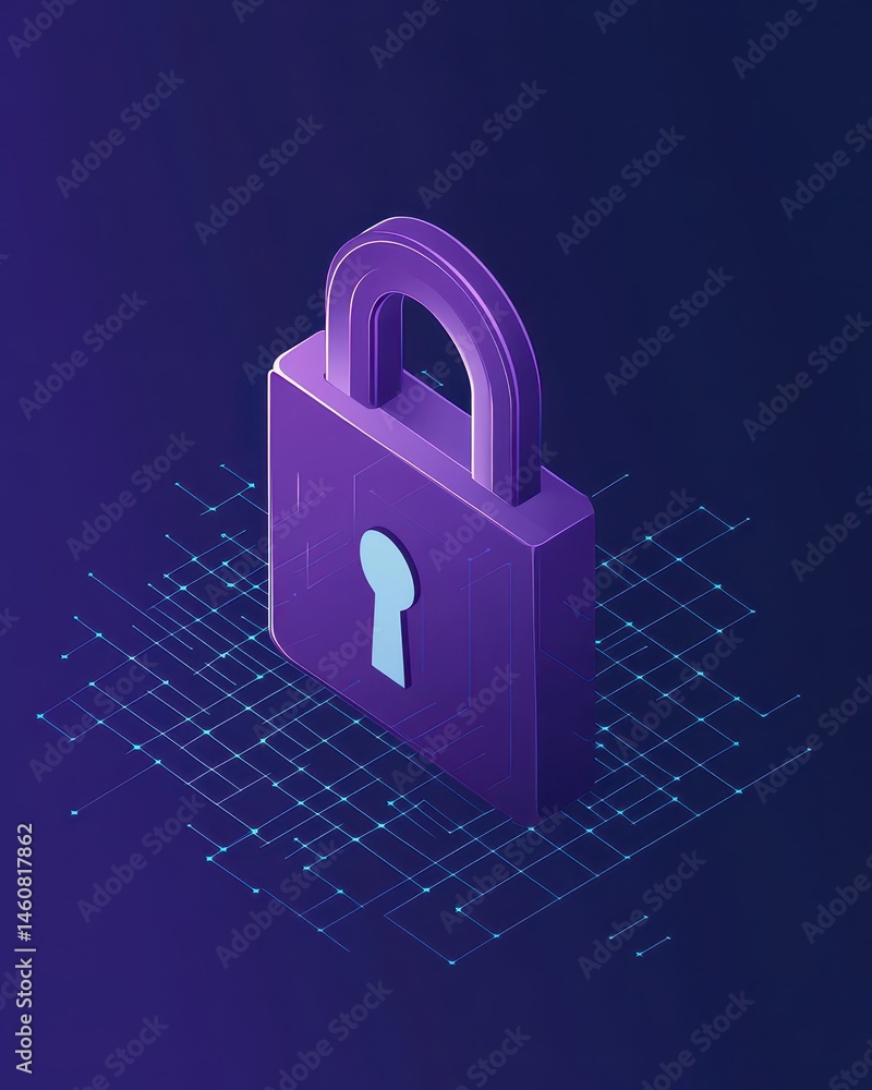 Poster isometric padlock on digital grid network for data security and privacy protection in purple and blu