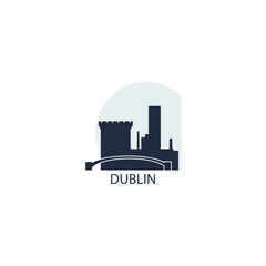 Ireland, Dublin cityscape skyline, panoramic vector flat logo, icon. Leinster province city emblem concept with landmarks and building silhouettes at sunset, sunrise