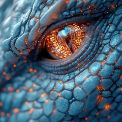 Close-up of a dragon eye, glowing with inner city. Detailed scales, fire-like details