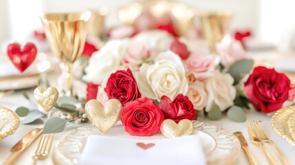 Romantic Valentine's Day Table Setting with Gold Accents and Red Roses