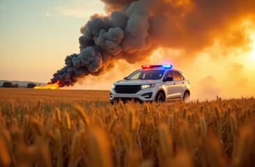 Fototapeta premium Police vehicle in field with dramatic smoke and fire in background