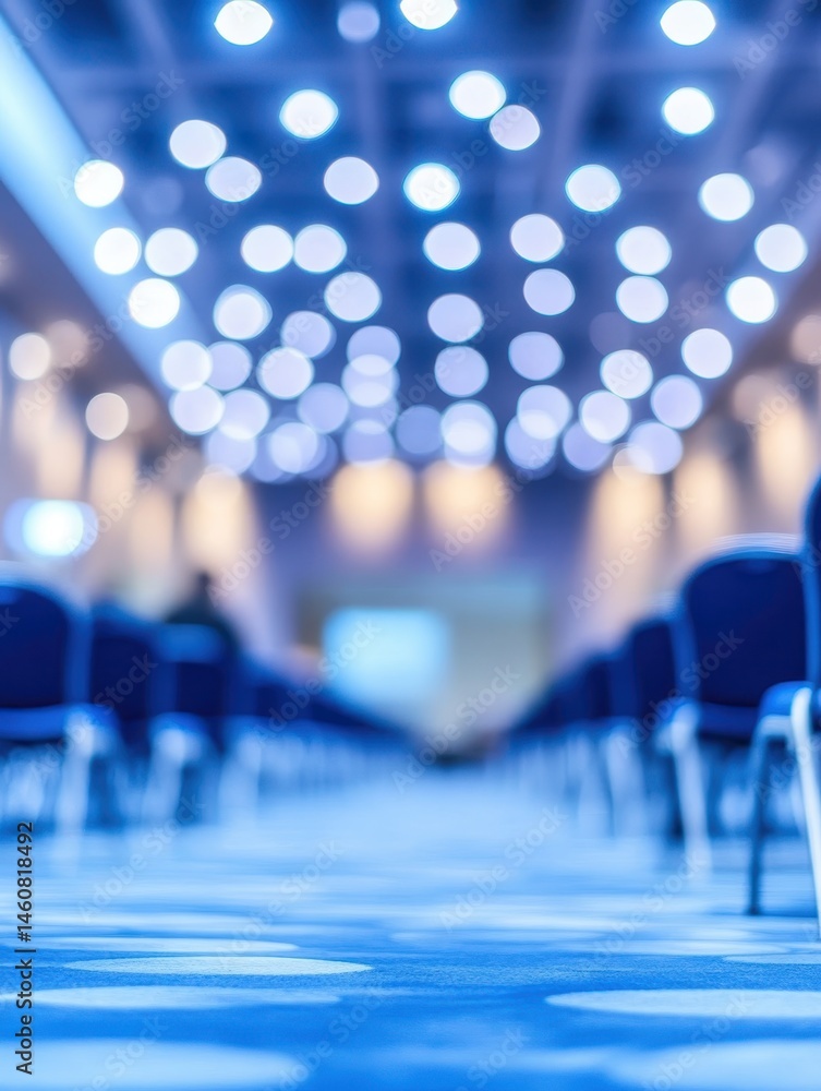 Poster empty conference hall in blue tone low angle view showing rows of chairs and blurred stage with boke