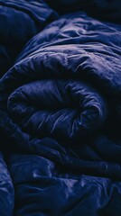 Rolled up blue velvet blanket texture close up shot in dark moody lighting for comfort and warmth in studio setting