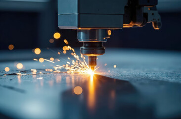 Close-up of industrial cnc laser cutting metal with sparks