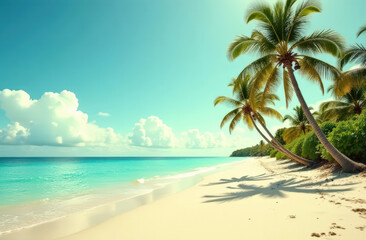 Tropical paradise beach with palm trees and crystal clear water under blue sky