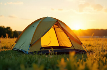 Yellow tent in scenic sunset meadow with lush grass landscape