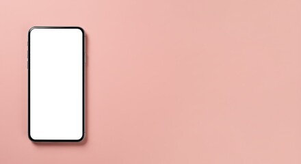 Modern frameless smartphone with a blank white screen against a pale pink, textured background.