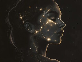woman face full moon night scene starry details cosmic art