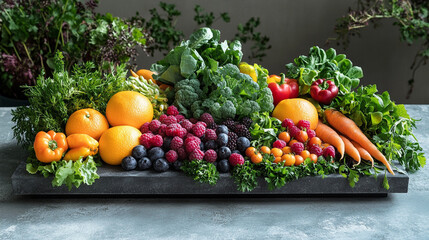 Fresh fruits and vegetables arranged in a rustic wooden tray on a surface, The colorful arrangement is visually appealing with the vivid hues, highlighting the fruit, vegetables freshness and variety.