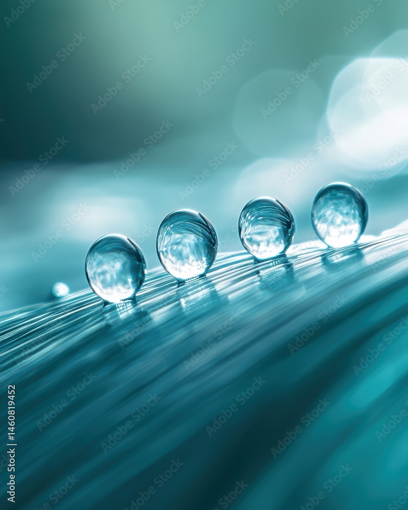 Poster water droplets on a blue surface in a macro shot showcasing texture and light reflecting in the wate