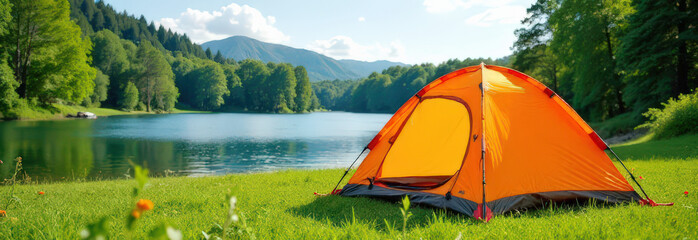 Vibrant orange tent by scenic lakeside in mountainous summer landscape