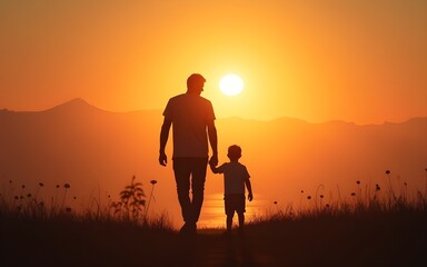 happy fathers day with silhouette of dad and son walking at sunset. High quality