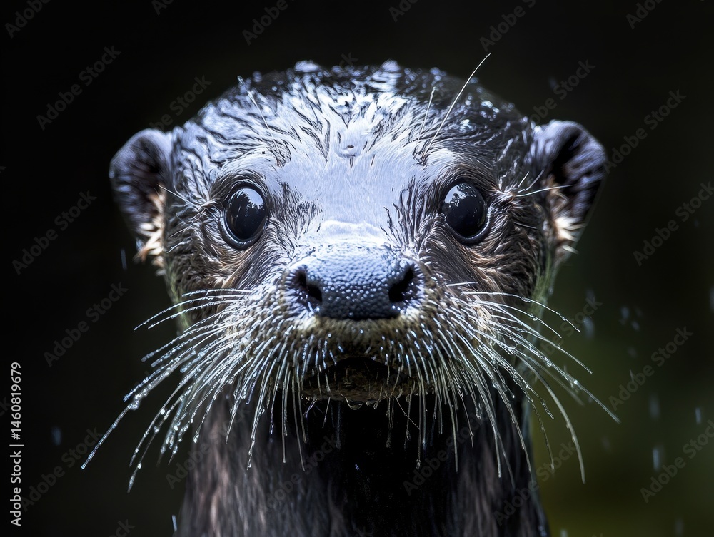 Poster close up portrait of a wet otter looking at the camera with a dark background in natural light