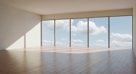 Fototapeta premium Empty yoga studio with wooden flooring, windows with blue sky and clouds