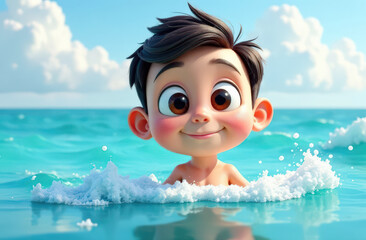 Happy cartoon boy swimming in ocean with blue skies and clouds