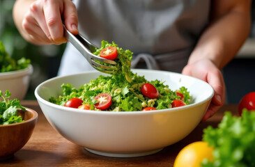 Fresh salad preparation with tomatoes and greens
