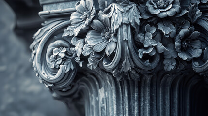 An elaborate 3D rendered background showcases the side angle of a Corinthian column with intricate floral designs in stunning realistic 4K resolution detail.