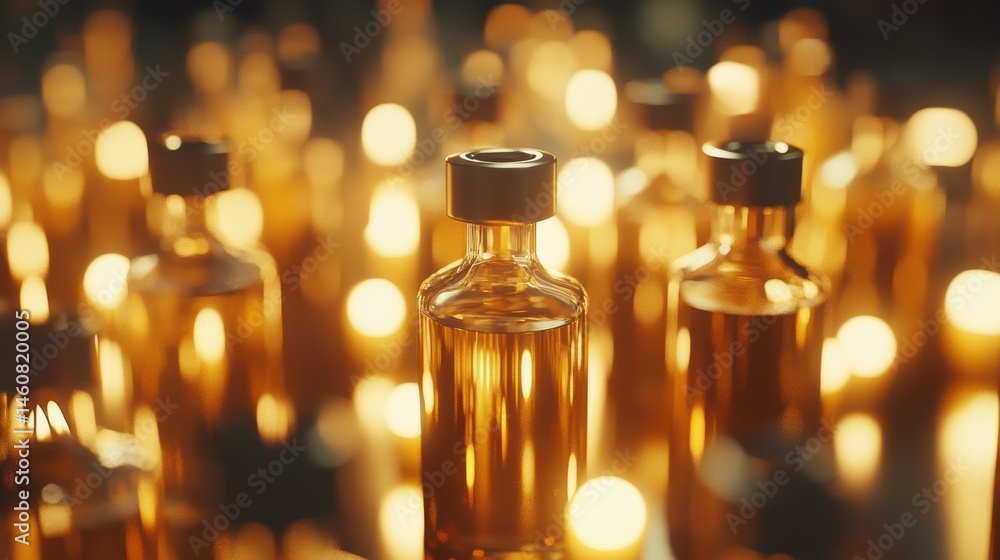 Poster golden elixir bottles stand in formation with bokeh light orbs in the background product shot