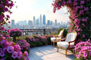 Luxurious rooftop garden with floral arch and city skyline view