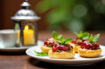 Gourmet pastries with berry topping and mint near candlelit lantern