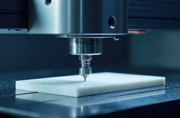 Close-up of cnc machine milling white plastic sheet in industrial setting