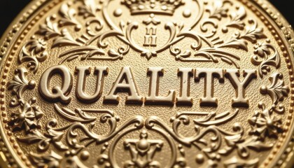 King of quality concept, Gold coin with the word "QUALITY" prominently displayed.