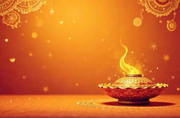 Traditional diwali oil lamp with glowing flames against ornate background