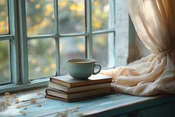 Book open next to coffee cup on window sill.