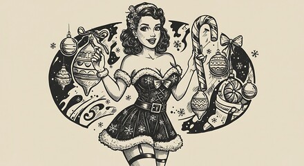Vintage Christmas Pin-Up: Noir Ink Illustration with Festive Charm AI Generated
