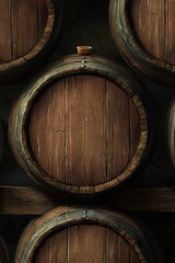 Close-up of stacked wine barrels in cellar, rustic wooden texture, vintage storage, eye-level shot, traditional winemaking