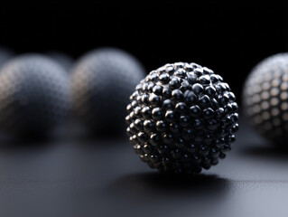 Close-up View of Black Metallic Spheres with Textured Surface in a Dark Background for Abstract Art or Design Use
