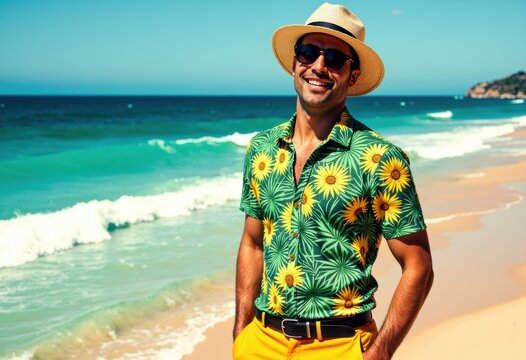 Man in a vibrant floral shirt enjoying a sunny beach day