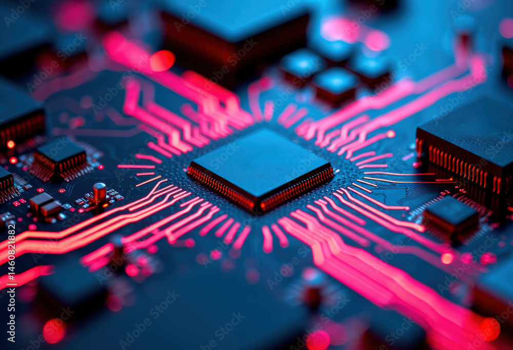 Poster close-up of a microchip with glowing circuits and intricate details