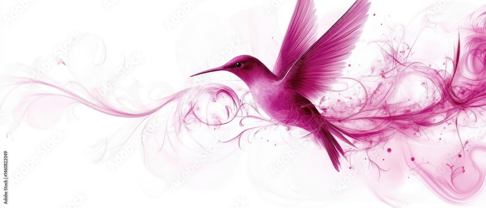 Poster pink hummingbird in flight with abstract swirls and white background artistic digital rendering