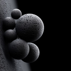 Abstract arrangement of textured black spheres on a dark background showcasing depth and dimensionality in visual design