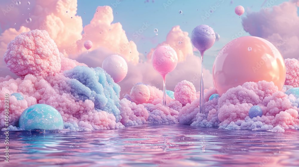 Poster a whical 4k 3d background showcases layered pink and blue cotton candy clouds with floating spheres,