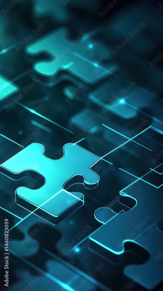 Poster luminous puzzle pieces on dark surface close up abstract concept of connection solution strategy int