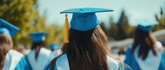 Graduates in Blue Gowns Walking Away at Outdoor Ceremony Back View Education Achievement Celebration Milestone Event