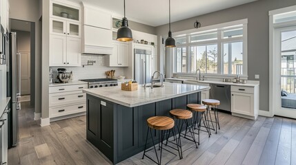 Kitchen interior with island, bar stool, and grey color tones