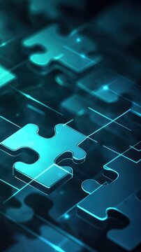 Luminous Puzzle Pieces on Dark Surface Close Up Abstract Concept of Connection Solution Strategy Integration Teamwork