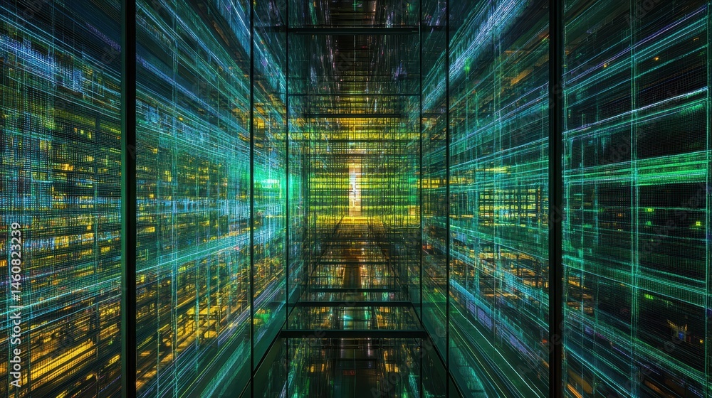 Poster data center server room perspective view showing rows of equipment with green and yellow lights digi