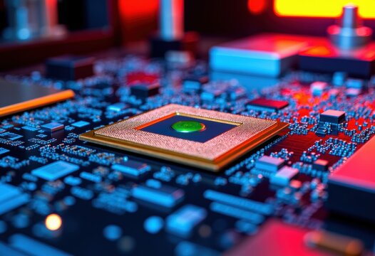 Close-up of a computer microchip on a circuit board with vibrant colors - Powered by Adobe