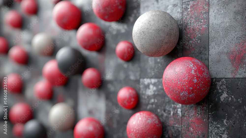 Poster realistic 4k 3d background shows layers of textured spheres in red, white, and black colors, creatin
