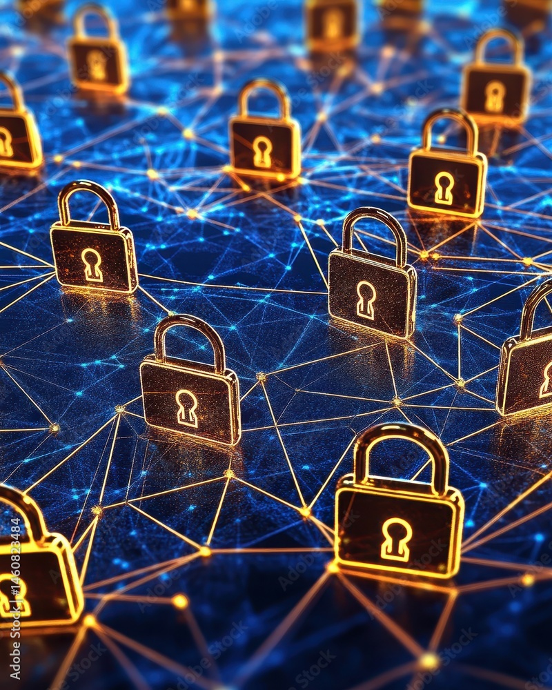 Poster network security padlocks on digital grid close up illustrating cybersecurity and data protection in