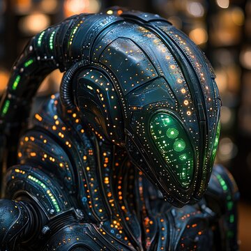 Close-up of futuristic robot head.  Advanced technology, glowing lights, intricate design, dark metallic surfaces