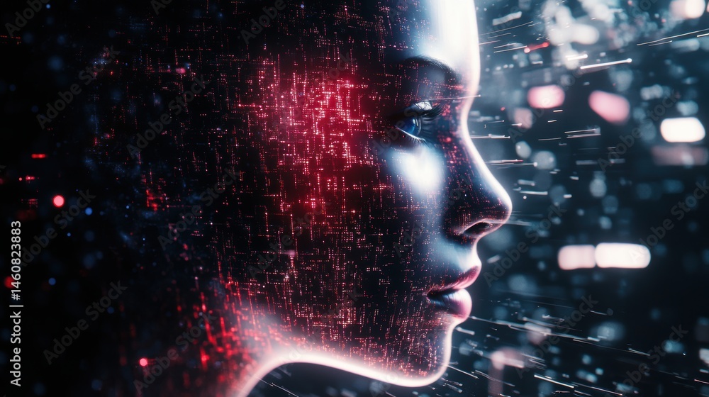 Poster ai woman profile view with digital circuitry overlay and data stream in dark background futuristic c