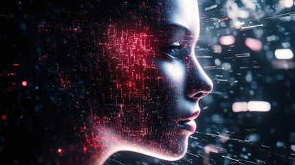 AI Woman Profile View with Digital Circuitry Overlay and Data Stream in Dark Background Futuristic Concept